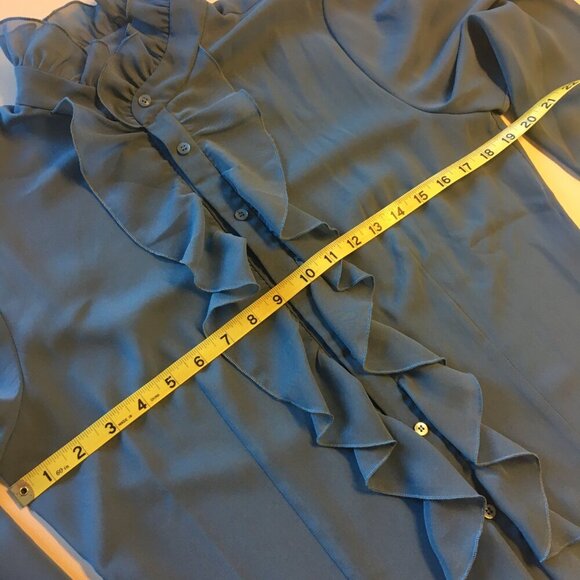 Sheer Feminine Blouse Teal Blue Medium Romantic Regal Ruffle - Picture 12 of 16